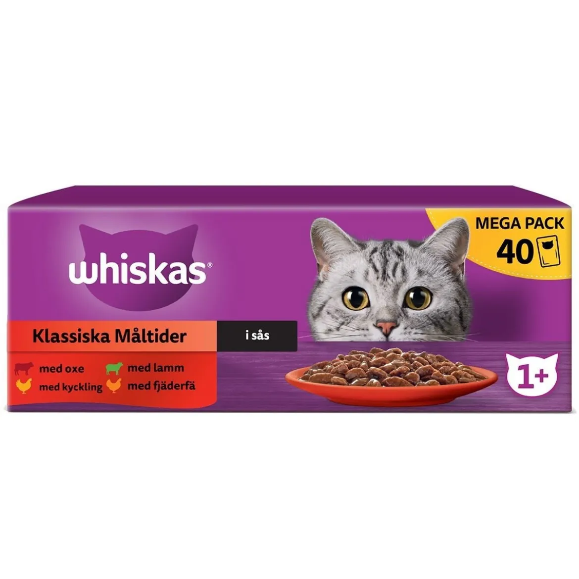 Whiskas 1+ Oxe, Lamm och Kyckling i Sås 40x85 g
